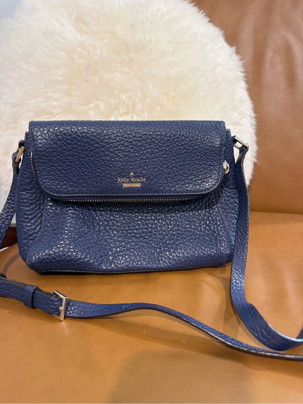 kate spade Navy Pebbled Leather Crossbody with Gold Hardware - Picture 2 of 9